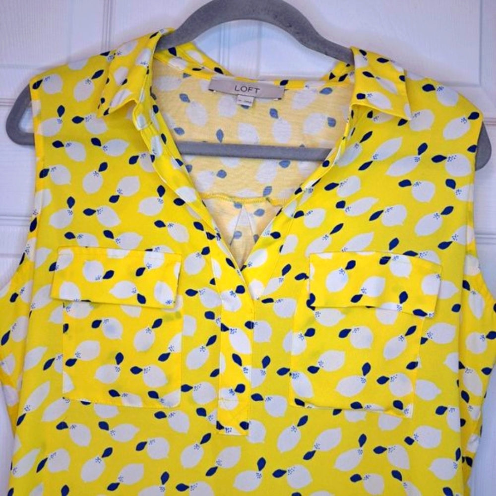 Loft Yellow Lemon Print Collared Split Neck Sleev… - image 4